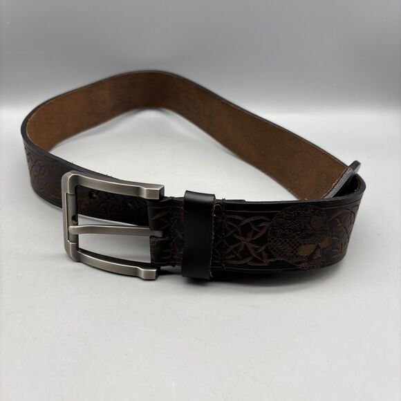 Leather Belt Womens Size 28 Brown Skull Etched Dead Halloween Muertos - Picture 1 of 7